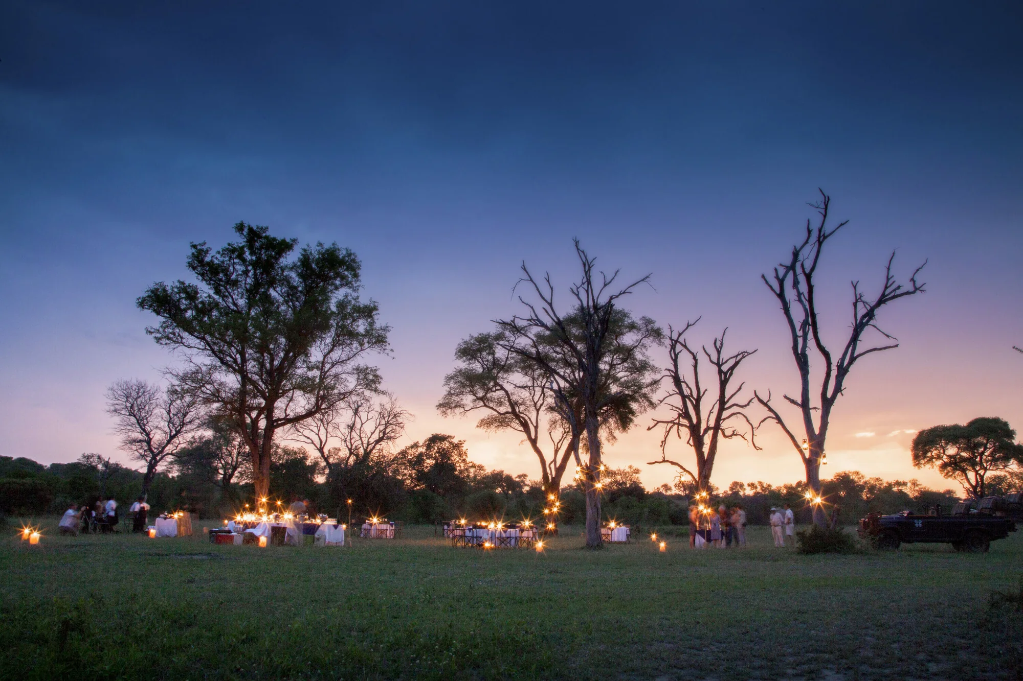 A long dinner setting in an open clearing at dusk, lit by dozens of small points of light along the tables and out into the grass, with trees silhouetted against a violet and orange sky.